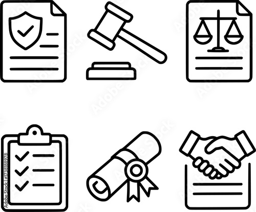 Legal and Document Management Icons Vector Set for Contracts Law and Compliance