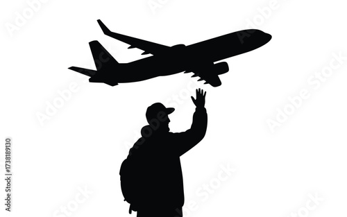 Silhouette of a person waving goodbye to an airplane taking off against a bright sky
