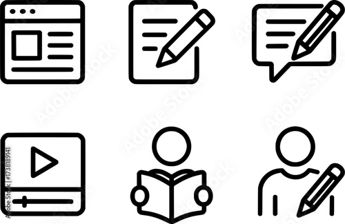 Minimal blog and content creation vector icons set in black and white design