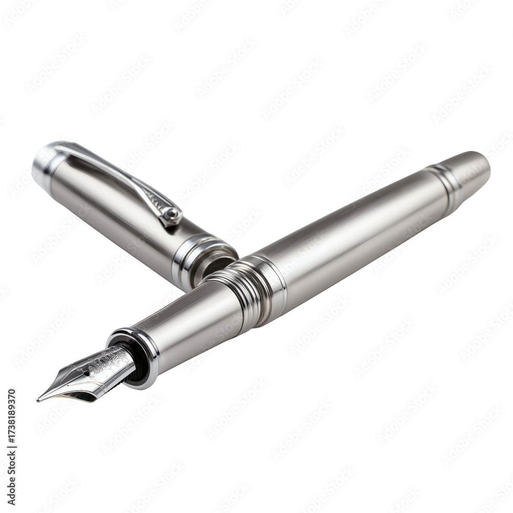 Fototapeta premium Elegant silver fountain pen, with open cap isolated on white background
