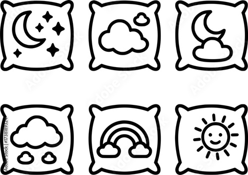 Pillow Vector Icons with Dream Symbols Clouds and Moon