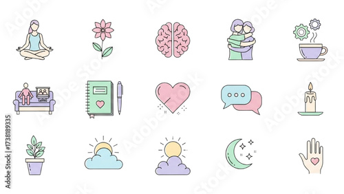 Wellness and Mental Health Icon Set Meditation Self-Care Therapy 15 Line Art Icons