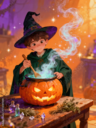Young boy dressed as witch stirring bubbling potion in carved pumpkin with glowing face, surrounded by magical sparkles and herbs, creating festive Halloween scene with warm, enchanting atmosphere