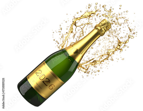 3D glossy champagne bottle popping with sparkling bubbles, “2026” golden label 