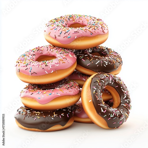 Donut pile with cream topping and chocolate sprinkles, isolated white