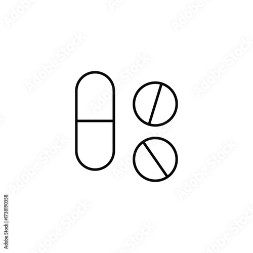 Minimal line icon showing medical pills and tablets, symbolizing healthcare, medicine, pharmacy, treatment, prescription, and medication for health and wellness in modern medical illustration.