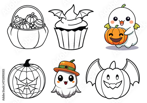 A cartoon vector illustration set of scary Halloween pumpkin faces, ripe orange fruit symbols for October holiday celebration on a white backround 