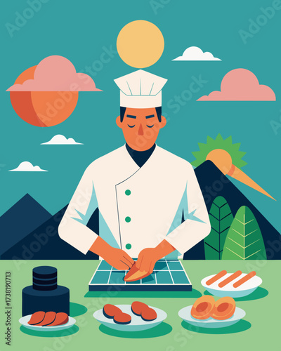 An environmentallyconscious chef proudly prepares a delicious meal of sushi featuring sustainablyfarmed tuna and salmon from a nearby solarpowered aquaculture facility.. Vector illustration