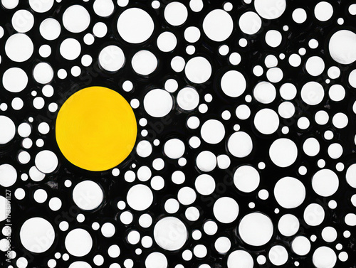 Abstract black background with white dots and central yellow circle