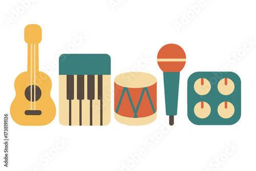 Assortment of musical instruments and audio equipment for sound production and performance