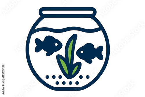 Two small fish swimming in a round glass fishbowl with an aquatic plant and gravel