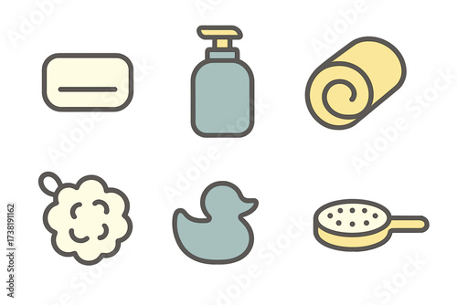Collection of essential bath and hygiene items for personal care and relaxation