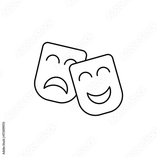 Minimal line illustration of comedy and tragedy masks representing theater, drama, performance, and emotions. Iconic symbol of stage art, acting, storytelling, culture, and entertainment industry.
