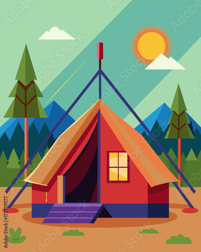 A luxurious glamping tent featuring a solarpowered heating system for comfortable nights in the wilderness.. Vector illustration