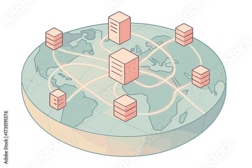 Global network infrastructure with interconnected servers across the world map