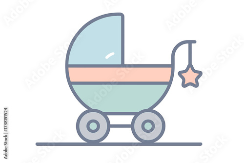 Minimalist baby stroller with soft pastel colors and a hanging star toy