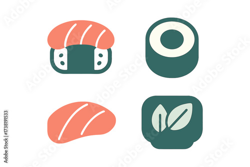 Traditional Japanese sushi, sashimi, and maki roll with a green side dish