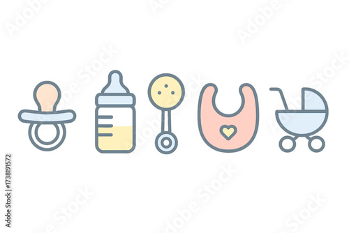 Collection of essential baby care items including pacifier bottle rattle bib and stroller