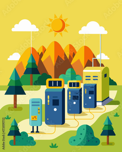 A popular tourist spot offering solarpowered lockers for visitors to charge their cameras and phones while exploring the sights.. Vector illustration