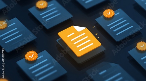 Digital documents highlighted with orange against blue, marked complete. 3D illustration