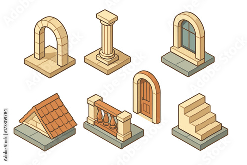 Isometric architectural elements featuring arch, column, window, roof, balustrade, door, stairs