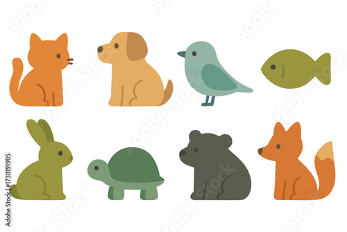 Collection of cute stylized animals including cat dog bird fish rabbit turtle bear and fox