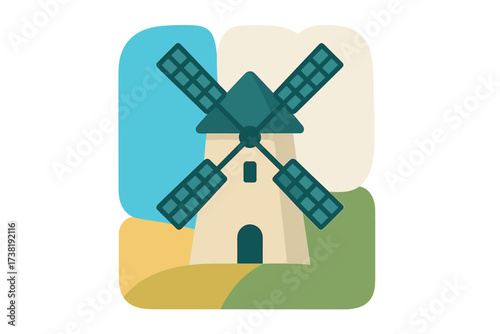 Traditional Dutch windmill with rotating blades on a colorful landscape background