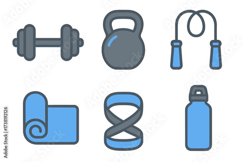 Collection of fitness and gym equipment icons for workout and exercise