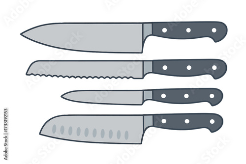 Set of various kitchen knives including chef's, bread, utility, and santoku knives for cooking