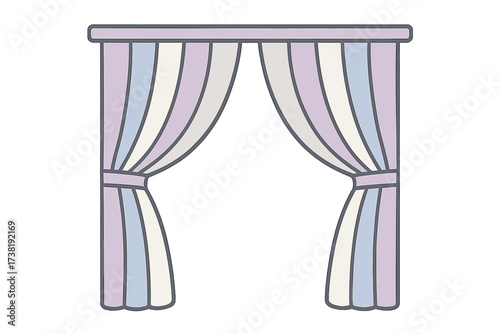 Elegant pastel striped curtains tied back with a valance on a curtain rod for interior design