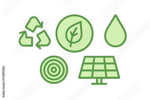 Eco-friendly symbols for sustainability, recycling, water, and solar power
