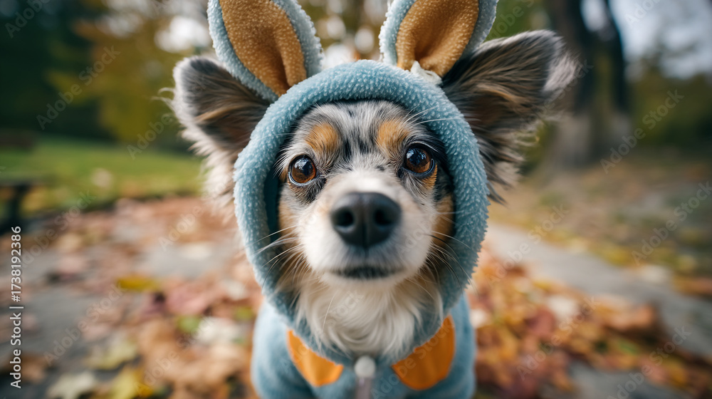 Fototapeta premium Close up of a chihuahua wearing a bunny costume with a blurred background
