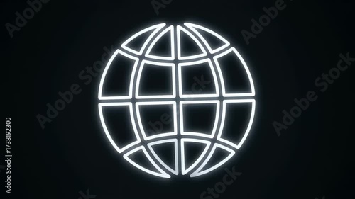 Glowing Neon Globe Icon on Black Background, representing global network and internet connection