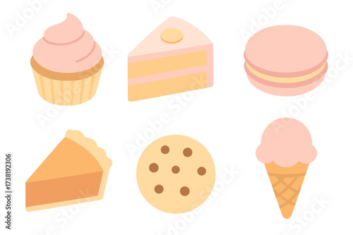Sweet dessert collection featuring cupcake, cake slice, macaron, pie, cookie, and ice cream