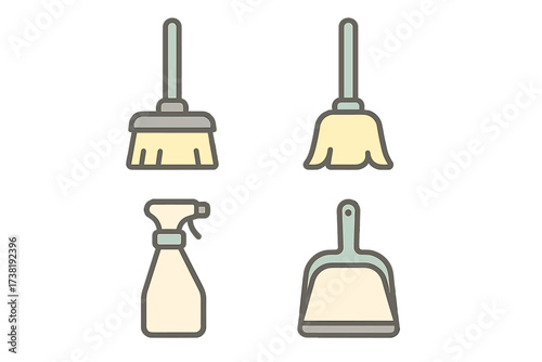 Collection of household cleaning tools: broom, mop, spray bottle, dustpan