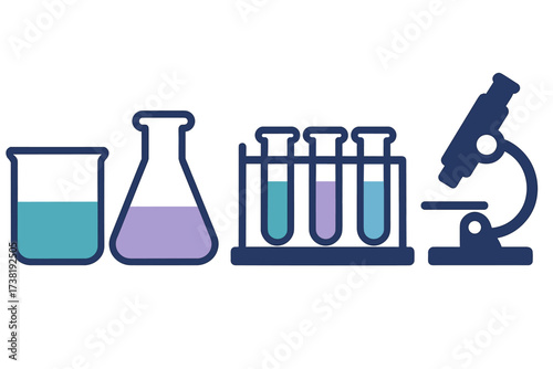 Essential laboratory equipment including beaker, flask, test tubes, and microscope