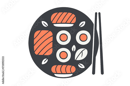 Traditional Japanese sushi and sashimi selection with chopsticks on a dark serving plate