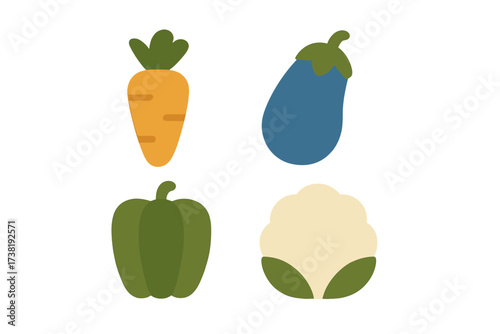 Collection of fresh organic vegetables including carrot, eggplant, bell pepper, and cauliflower