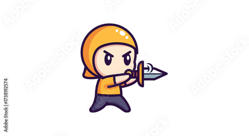 Chibi character illustration of a hooded figure wielding a sword, ready for combat or adventurous