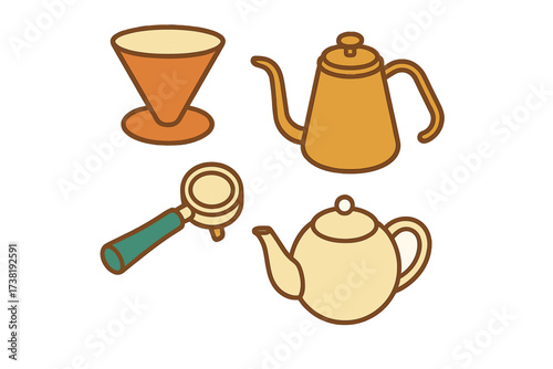 Coffee and tea brewing equipment set with dripper, kettle, portafilter, and teapot