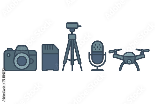 Digital media production tools including camera, memory card, tripod, microphone, and drone