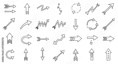 Collection of hand-drawn arrow illustrations representing direction, movement and navigation