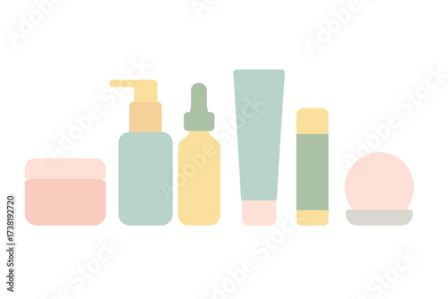 Minimalist collection of skincare and beauty product containers in soft pastel colors