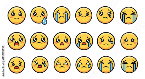 Collection of varied sad expressions featuring yellow circular cartoon emoji faces