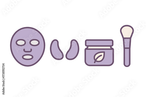 Skincare and beauty routine essentials including face mask, eye patches, cream, and brush