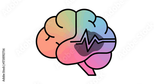 Colorful brain illustration with heartbeat signal depicting mental health and wellness