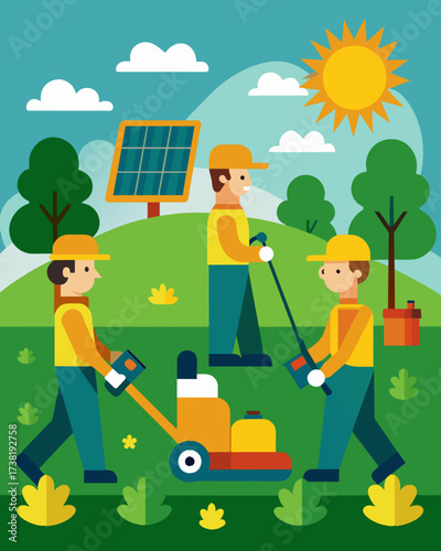 A landscaping crew using solarpowered lawn mowers to maintain the sites green spaces.. Vector illustration