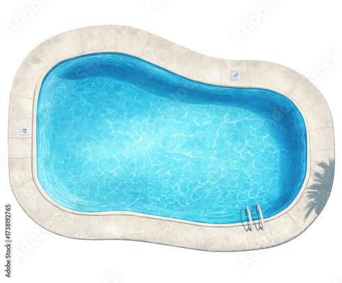 A topdown view of a kidneyshaped swimming pool filled with clear blue water, featuring a concrete deck and ladder, isolated on transparent background