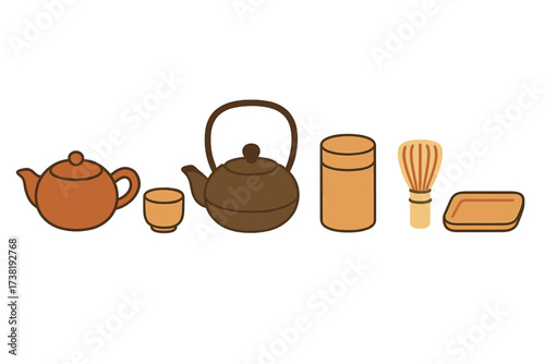 Collection of traditional Japanese tea ceremony utensils and brewing accessories