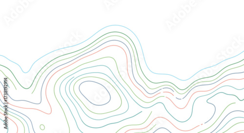 Contoured elevation lines forming abstract hills and valleys with pastel colors and organic feel